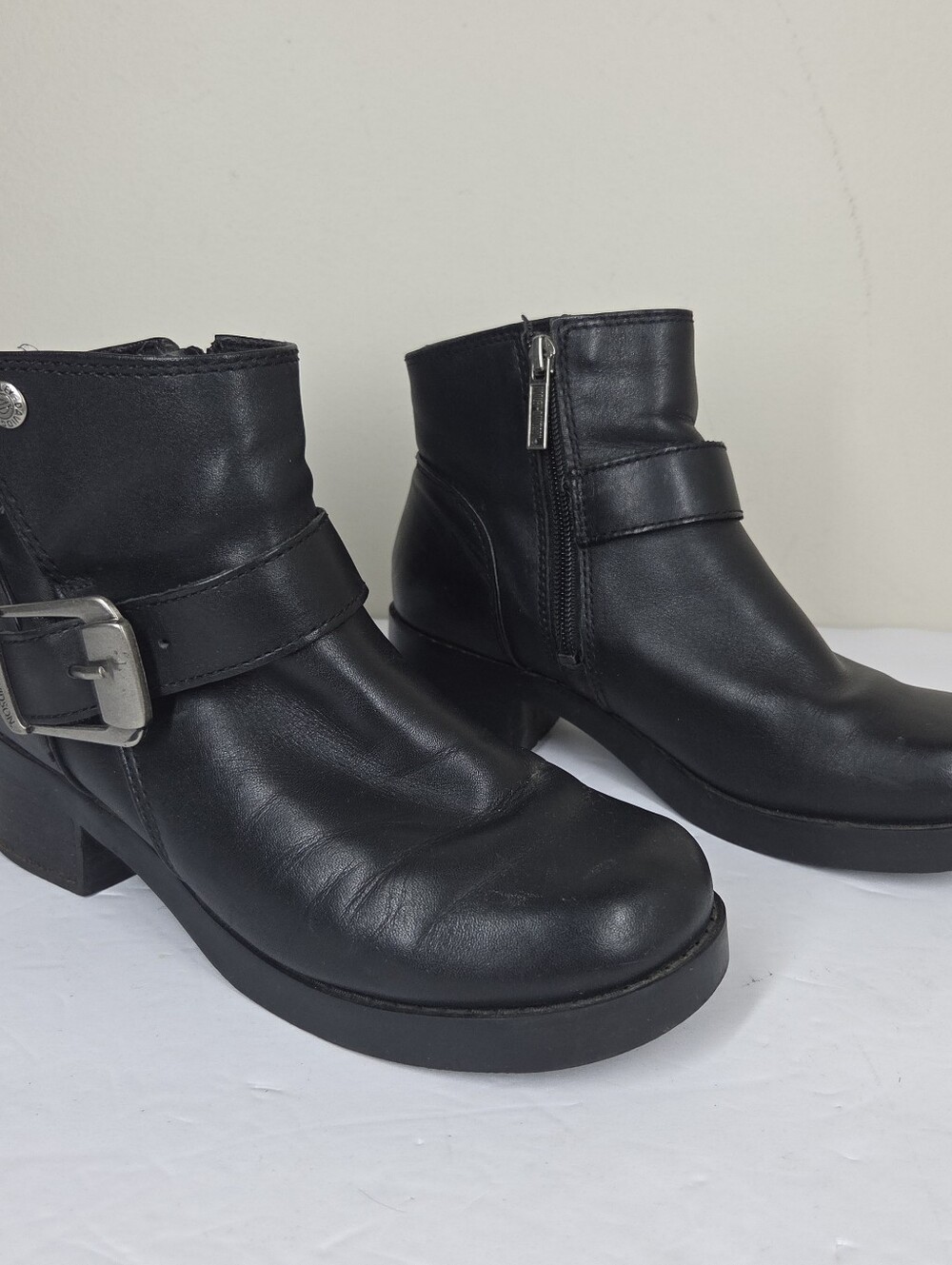Harley Davidson Khari Black Womens Leather Ankle Boots Chunky Buckle Moto 6.5